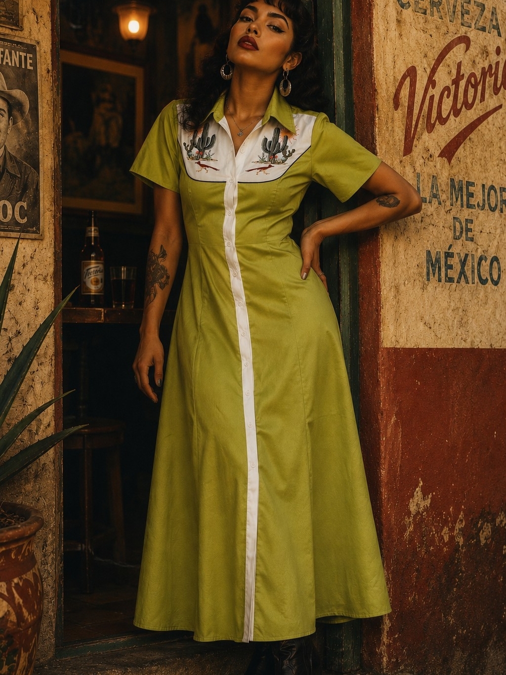 Desert Mirage Western Maxi Retro Pinup Girl Dress Size 4 GREEN XS NWOT